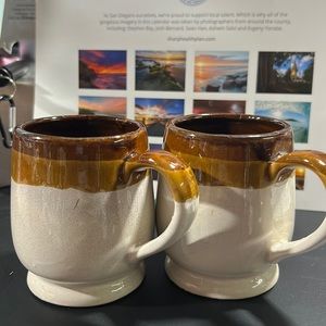 2 Piece Stoneware Pottery Mugs Taiwan Brown and Cream Stripe Swanky Barn.